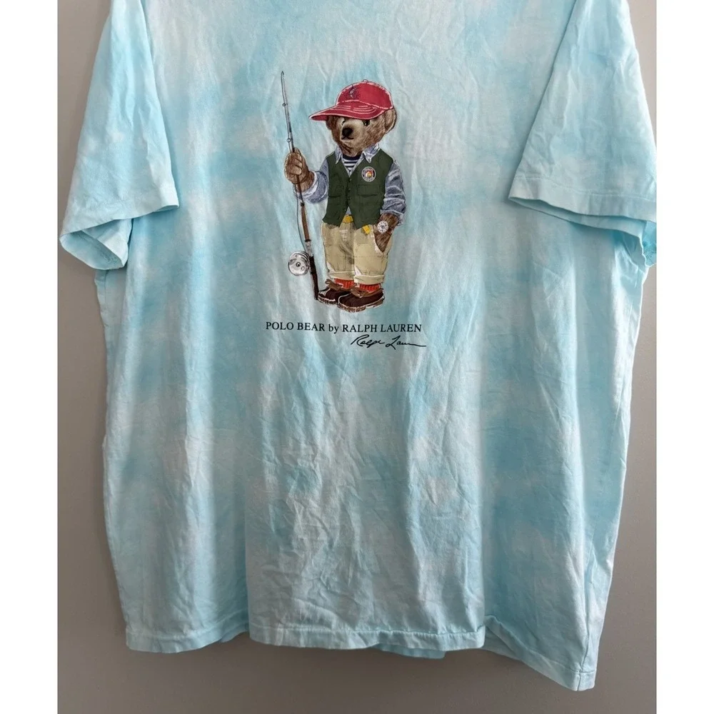 Polo Ralph Lauren Slim Fit Fishing Bear Tie-Dye Blue T-Shirt Men's Size XXL